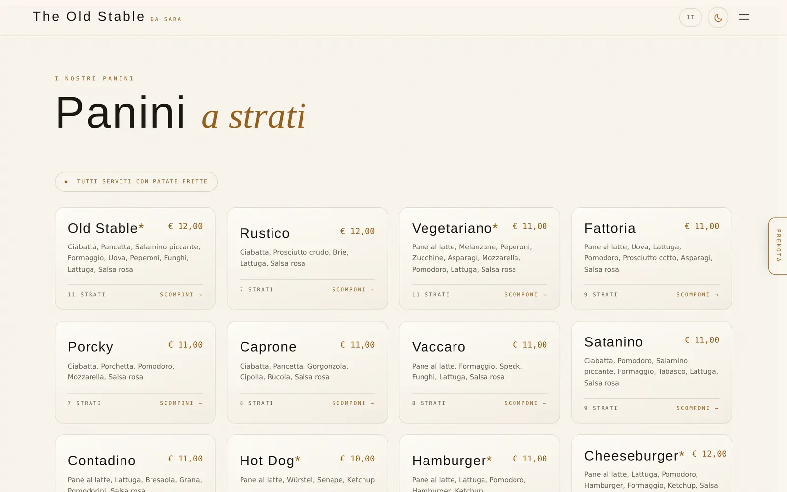 La sezione «Panini a strati» con prezzi e ingredienti