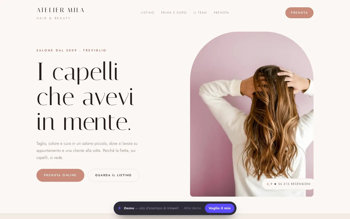 Anteprima del sito demo per parrucchiere Atelier Mila